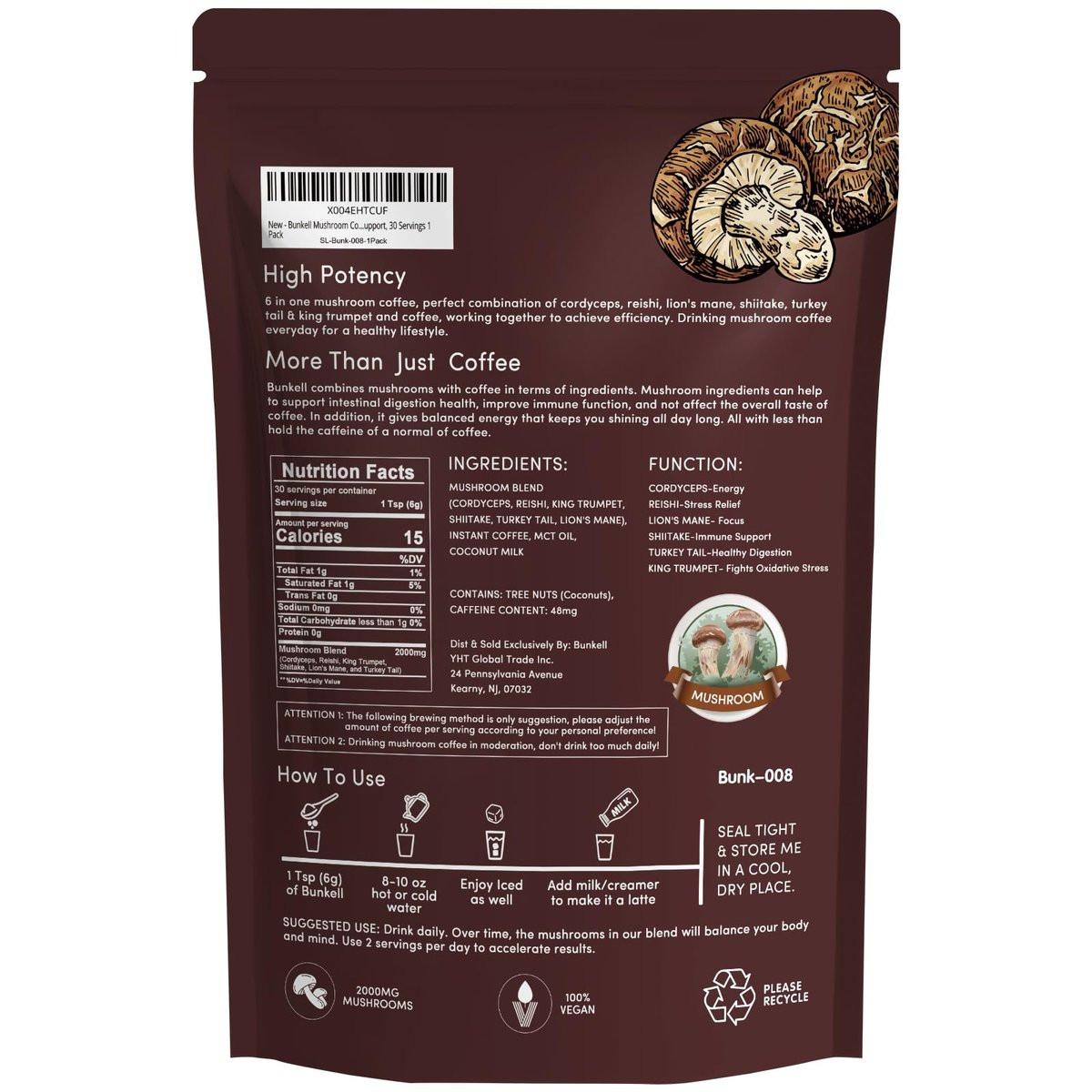 Bunkell Mushroom Coffee, Adaptogenic 6 Mushrooms with Lion's Mane, Reishi, Cordyceps, Shiitake, King Trumpet & Turkey Tail, Instant Coffee Powder for Energy, Digestion & Immune Support, 30 Servings - görsel 9