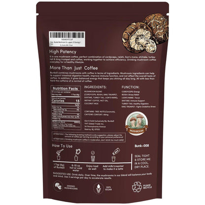 Bunkell Mushroom Coffee, Adaptogenic 6 Mushrooms with Lion's Mane, Reishi, Cordyceps, Shiitake, King Trumpet & Turkey Tail, Instant Coffee Powder for Energy, Digestion & Immune Support, 30 Servings