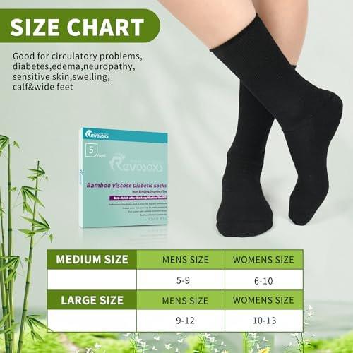 Revosoxs Diabetic Crew Socks for Men Women, Bamboo Viscose Non-Binding Loose Top Wide Socks with Seamless Toe 9-12 10-13 (Black-Large) - görsel 1