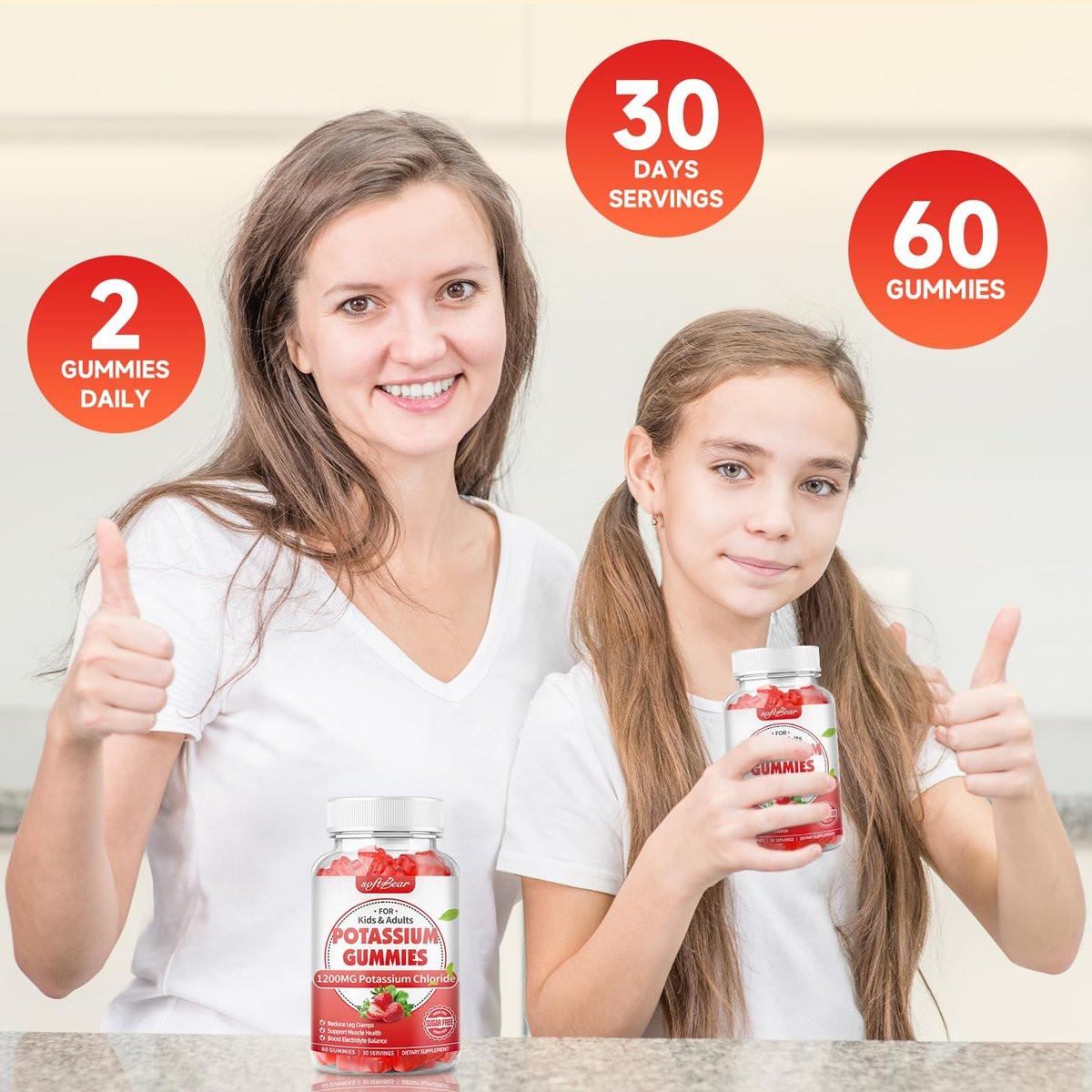 softbear Potassium Gummies for Adults, Sugar Free Potassium Chloride Gummies 1200mg Support Leg Cramps & Electrolyte Balance High Potency Potassium Supplement, Strawberry Flavor 60 Count - görsel 1