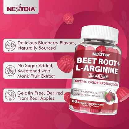 Beet Root Gummies, Beetroot & L-Arginine, Red Beets Supplements w/ Vitamin B1, B2, B3, B5, B6, Folate, B12 for Energy Boost & Circulation Support, Sugar Free Nitric Oxide Gummies, 60 Beet Chews