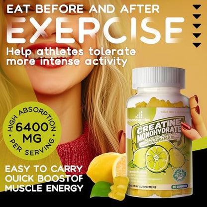 Creatine Monohydrate Gummies Complex for Men & Women - Advanced Formula W/L-Taurine + Vitamin B12, Sugar Free Chewable Supplement, 90 Lemon Gummies