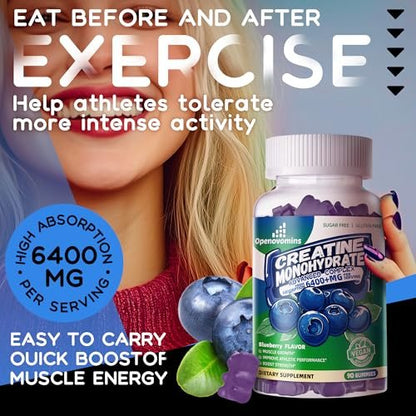 Creatine Monohydrate Gummies Complex for Men & Women - Advanced Formula W/L-Taurine + Vitamin B12, Sugar Free Chewable Supplement, 90 Blueberry Gummies
