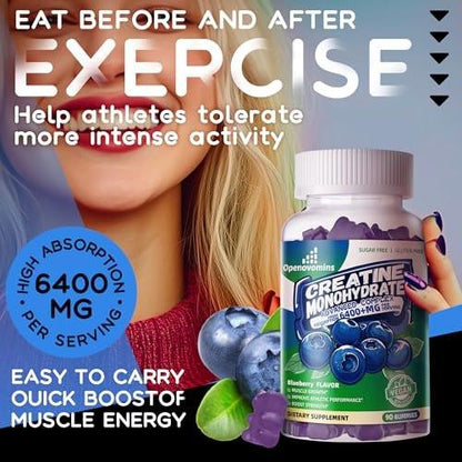 Creatine Monohydrate Gummies Complex for Men & Women - Advanced Formula W/L-Taurine + Vitamin B12, Sugar Free Chewable Supplement, 90 Blueberry Gummies
