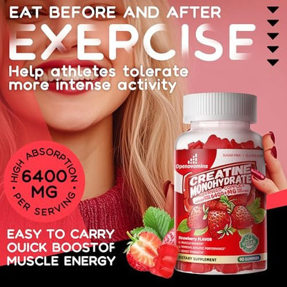 Creatine Monohydrate Gummies Complex for Men & Women - Advanced Formula with L-Taurine + Vitamin B12, Sugar Free Chewable Supplement, 90 Strawberry Gummies