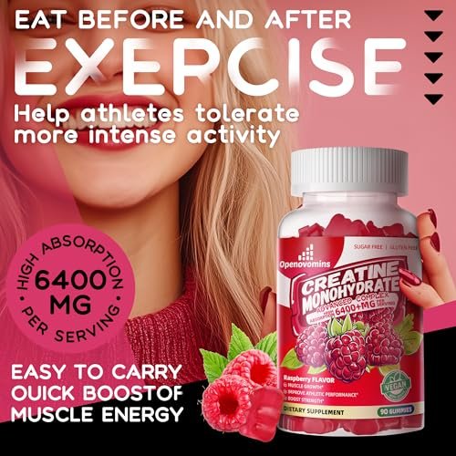 Creatine Monohydrate Gummies Complex 6400mg for Men & Women - Advanced Formula w/ L-Taurine + Vitamin B12, Sugar Free Chewable Supplement, 90 Raspberry Gummies - görsel 4