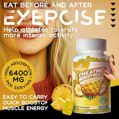Creatine Monohydrate Gummies Complex for Men & Women - Advanced Formula with L-Taurine + Vitamin B12, Sugar Free Chewable Supplement, 90 Pineapple Gummies