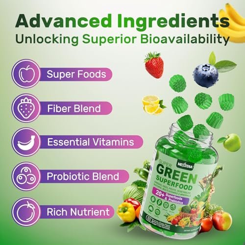 Super Greens Gummies, Greens Superfood Powder Alternative w/Spirulina, Chlorella, Prebiotic Fiber, Probiotic, Fruit Veggie, Daily Greens Vegetable for Digestive & Gut Health, Immunity, Focus, 60 Cts - görsel 11