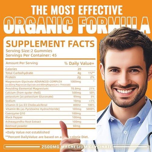Magnesium Glycinate Gummies - Sugar Free Magnesium Potassium Supplement with Vitamin D, B6, CoQ10 for Calm Mood & Sleep Support - 90 Orange Gummies - görsel 8