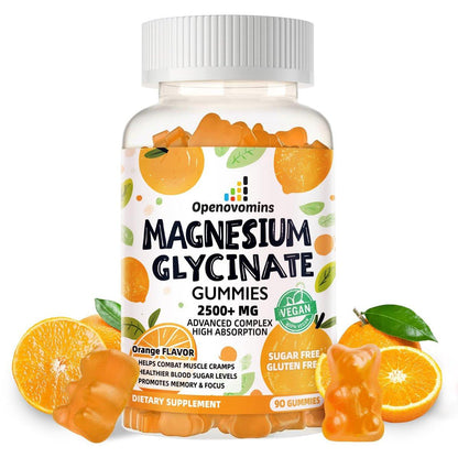 Magnesium Glycinate Gummies - Sugar Free Magnesium Potassium Supplement with Vitamin D, B6, CoQ10 for Calm Mood & Sleep Support - 90 Orange Gummies