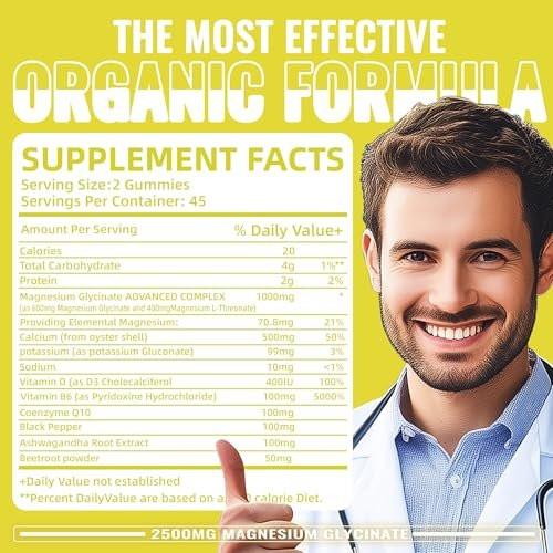 Magnesium Glycinate Gummies 2500mg - Sugar Free Magnesium Potassium Supplement with Vitamin D, B6, CoQ10 for Calm Mood & Sleep Support - 90 Lemon Gummies - görsel 8