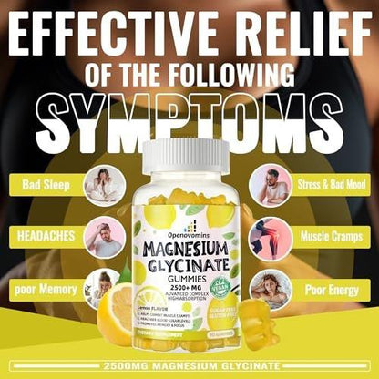 Magnesium Glycinate Gummies 2500mg - Sugar Free Magnesium Potassium Supplement with Vitamin D, B6, CoQ10 for Calm Mood & Sleep Support - 90 Lemon Gummies
