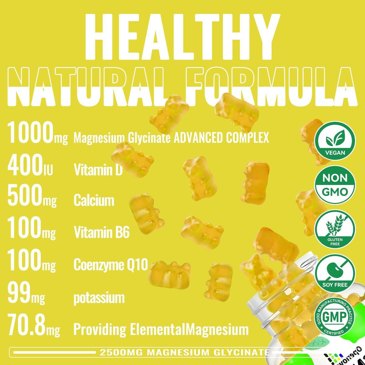 Magnesium Glycinate Gummies 2500mg - Sugar Free Magnesium Potassium Supplement with Vitamin D, B6, CoQ10 for Calm Mood & Sleep Support - 90 Lemon Gummies - görsel 3