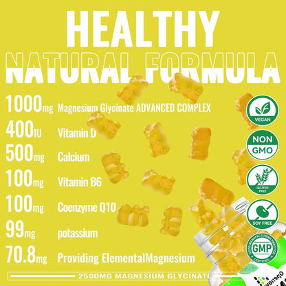 Magnesium Glycinate Gummies 2500mg - Sugar Free Magnesium Potassium Supplement with Vitamin D, B6, CoQ10 for Calm Mood & Sleep Support - 90 Lemon Gummies