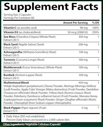 Sea Moss Black Seed Oil Ashwagandha Ginger, Organic Sea Moss Capsules with Burdock Root, Irish Seamoss Pills with Bladderwrack, Turmeric, Shilajit, Multimineral Supplement, USA (120 Capsules)