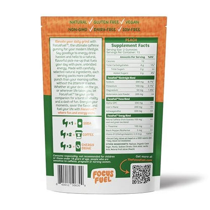 FocusFuel Energy Chews – Peach Flavor (15 Servings) – 100mg Caffeine + Alpha GPC+ L-Theanine + B12, Magnesium – Smooth Focus & Energy – No Crash or Jitters