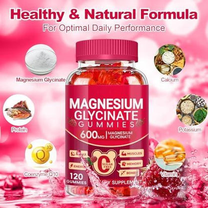 Magnesium Glycinate Gummies 600mg, Sugar Free Magnesium Gummies for Adults, Chewable Potassium Supplements for Body Support, Zzz and Relaxation, 120 Count