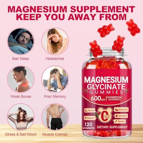 Magnesium Glycinate Gummies 600mg, Sugar Free Magnesium Gummies for Adults, Chewable Potassium Supplements for Body Support, Zzz and Relaxation, 120 Count - görsel 7