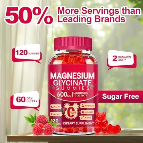 Magnesium Glycinate Gummies 600mg, Sugar Free Magnesium Gummies for Adults, Chewable Potassium Supplements for Body Support, Zzz and Relaxation, 120 Count - görsel 8
