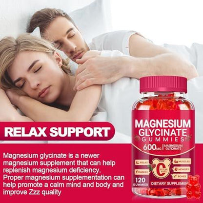 Magnesium Glycinate Gummies 600mg, Sugar Free Magnesium Gummies for Adults, Chewable Potassium Supplements for Body Support, Zzz and Relaxation, 120 Count