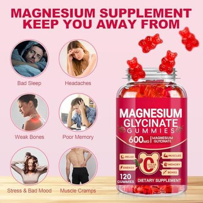 Magnesium Glycinate Gummies 600mg, Sugar Free Magnesium Gummies for Adults, Chewable Potassium Supplements for Body Support, Zzz and Relaxation, 120 Count