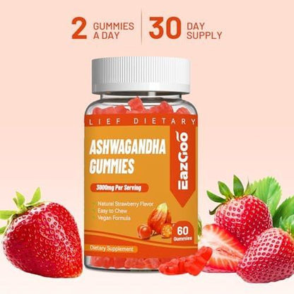 EAZGOO Ashwagandha Gummies & Vitamin D3, 3000mg Extra Strength Ashwagandha Root Extract for Boosts Energy, Immune Support, Non-GMO, Strawberry Flavor, 60 Count