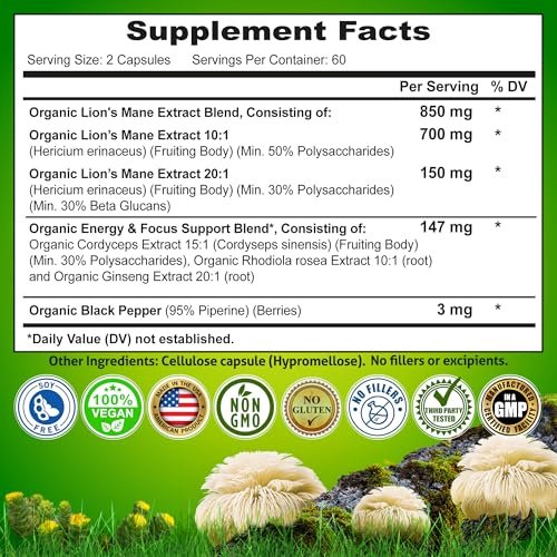 Organic Mushroom Complex: Lion's Mane, Turkey Tail, Cordyceps, Chaga, Contains Naturally Occurring Beta Glucans - Organic Energy & Immune Support Blend: Rhodiola Rosea, Ginseng & Acerola Cherry 120Ct - görsel 4