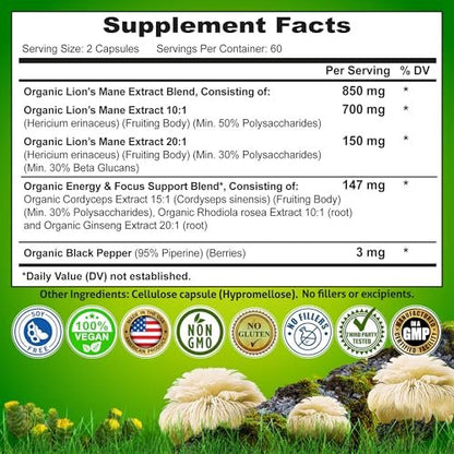 Organic Mushroom Complex: Lion's Mane, Turkey Tail, Cordyceps, Chaga, Contains Naturally Occurring Beta Glucans - Organic Energy & Immune Support Blend: Rhodiola Rosea, Ginseng & Acerola Cherry 120Ct