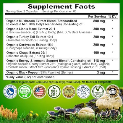 Organic Mushroom Complex: Lion's Mane, Turkey Tail, Cordyceps, Chaga, Contains Naturally Occurring Beta Glucans - Organic Energy & Immune Support Blend: Rhodiola Rosea, Ginseng & Acerola Cherry 120Ct
