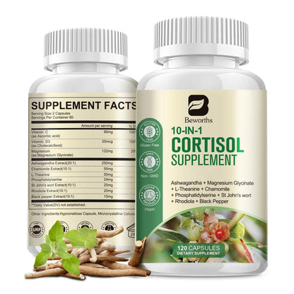 B BEWORTHS Cortisol Supplements for Women Men, 10-in-1 Cortisol Detox with Ashwagandha, Magnesium, L-Theanine, Balanced Cortisol Levels, Night & Calm Support, 120 Vegan Capsules