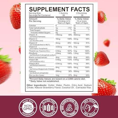 Iron Supplement Gummies for Kids - with Calcium, Zinc, Kids Multivitamin with Iron Gummies - Immune Support, Blood Builder & Energy Support for Iron Deficiency, Anemia, Vegan - 60 Count - görsel 3