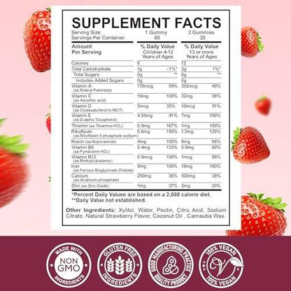 Iron Supplement Gummies for Kids - with Calcium, Zinc, Kids Multivitamin with Iron Gummies - Immune Support, Blood Builder & Energy Support for Iron Deficiency, Anemia, Vegan - 60 Count