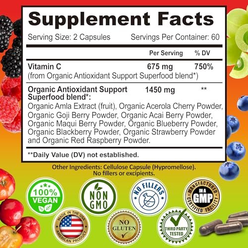 Whole Food Vitamin C Complex - 1450mg Organic Berries - 675 mg Vitamin C per Serving, High-Potency Antioxidant & Immune Support with Acerola, Amla and Natural Bioflavonoids - Vegan, Non-GMO, 120 Count - görsel 9