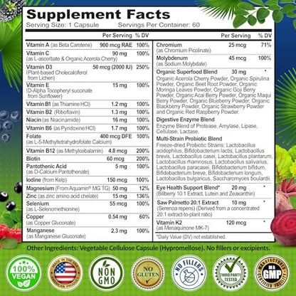 Men's Daily Multivitamin 50 Plus - Vegan Methylated Multivitamin for Men 50 and Over - Saw Palmetto, Biotin, Organic Superfoods, Lutein - Eye, Energy, Gut, Health Support - Easy to Swallow Capsules