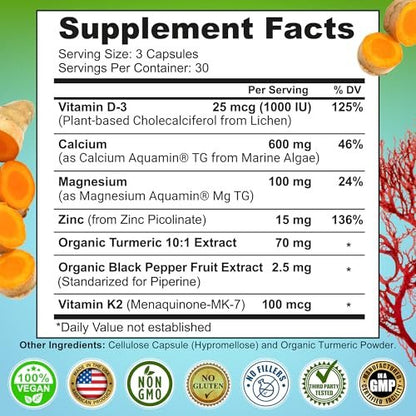 Plant-Based Calcium 600mg (Aquamin) – Vegan Calcium Magnesium Zinc D3 with Vitamin K2 & Organic Turmeric – Enhanced Bone and Muscle Health & Strength, Immune Support for Women & Men - 90 Count