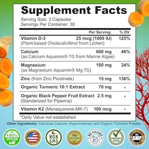 Plant-Based Calcium 500mg (Aquamin) – Vegan Calcium Magnesium Zinc D3 with Vitamin K2 & Organic Turmeric – Enhanced Bone and Muscle Health & Strength, Immune Support for Women & Men - 90 Count - görsel 4