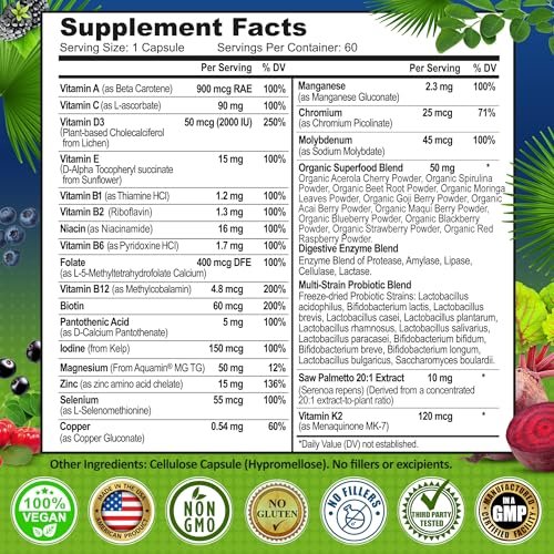 Men's Daily Multivitamin 50 Plus - Vegan Methylated Multivitamin for Men 50 and Over - Saw Palmetto, Biotin, Organic Superfoods, Lutein - Eye, Energy, Gut, Health Support - Easy to Swallow Capsules - görsel 10