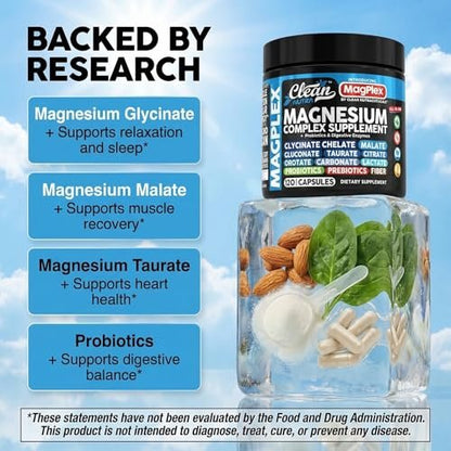 8in1 Magnesium Supplement Complex | Magnesium Glycinate Citrate Malate Gluconate Orotate Carbonate Lactate + Prebiotics Probiotics Digestive Enzymes Magnesio Capsules for Women Men By Clean Nutra