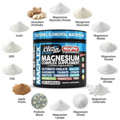 8in1 Magnesium Supplement Complex | Magnesium Glycinate Citrate Malate Gluconate Orotate Carbonate Lactate + Prebiotics Probiotics Digestive Enzymes Magnesio Capsules for Women Men By Clean Nutra