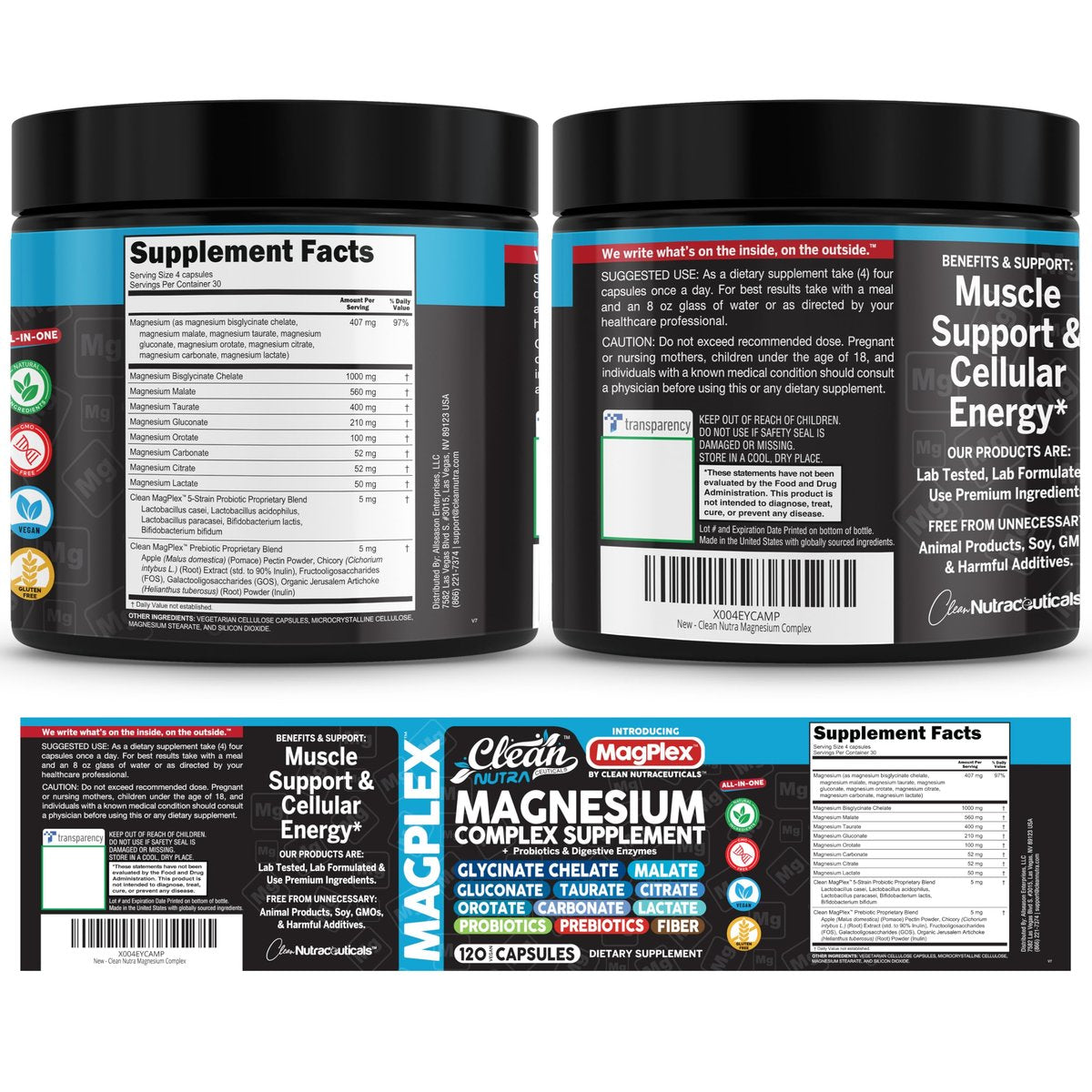 8in1 Magnesium Supplement Complex | Magnesium Glycinate Citrate Malate Gluconate Orotate Carbonate Lactate + Prebiotics Probiotics Digestive Enzymes Magnesio Capsules for Women Men By Clean Nutra - görsel 1