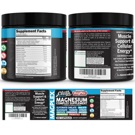 8in1 Magnesium Supplement Complex | Magnesium Glycinate Citrate Malate Gluconate Orotate Carbonate Lactate + Prebiotics Probiotics Digestive Enzymes Magnesio Capsules for Women Men By Clean Nutra