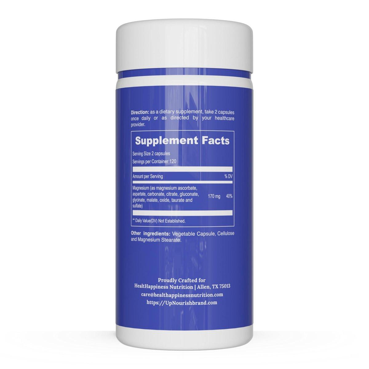 UpNourish Magnesium Supplement - 10 in 1 Magnesium Complex - Full Spectrum Magnesium Mineral Supplements with Glycinate, Citrate, Taurate, Malate, Carbonate, Oxide and More, 240 Vegan Capsules - görsel 8