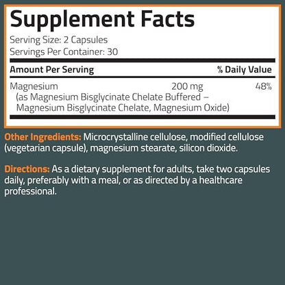 Bronson Magnesium Glycinate 200mg High Absorption Chelated Buffered Gentle On The Stomach Non-GMO, 60 Vegetarian Capsules