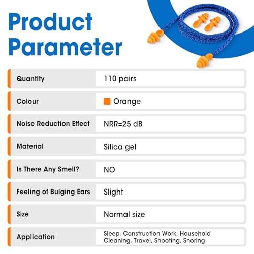 AZEN 110 Pairs Silicone Ear Plugs, Reusable Earplugs for Noise Reduction, 25dB NRR Corded Ear Plug for Sleeping Noise Cancelling, Ear Plug with String Individual Packing - görsel 1