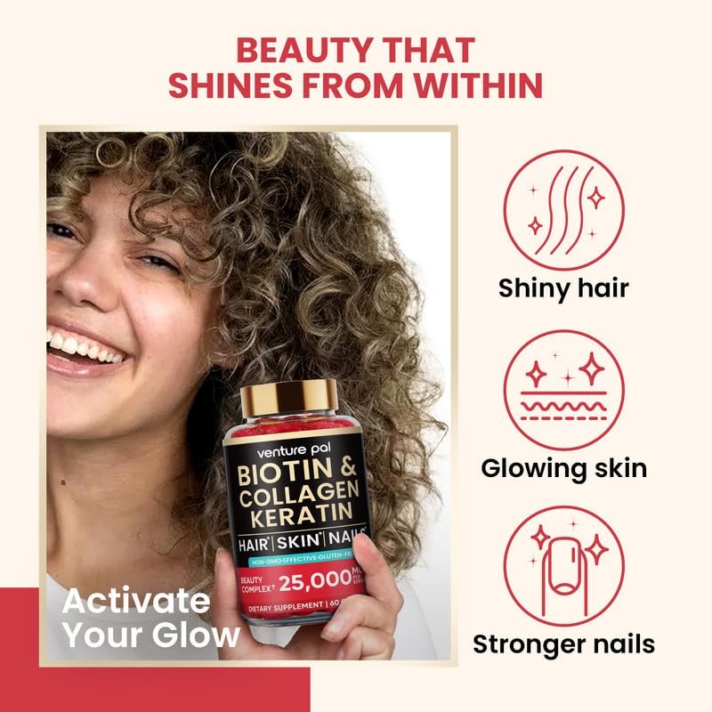 Venture Pal Biotin Gummies with Collagen & Keratin - Hair Growth Support Skin and Nail Strength Vitamins for Women & Men - Biotin 10000mcg | B-Complex | Saw Palmetto - Sugar Free, Non-GMO, 60ct - görsel 3