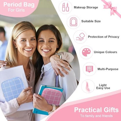 Desing Wish Period Bag Pouch Soft Cloth Sanitary Napkin Storage Bag Portable Menstrual Pad Pouches Tampon Holder for Purse First Period Kit for Girls 9-12 (Blue-White Check)