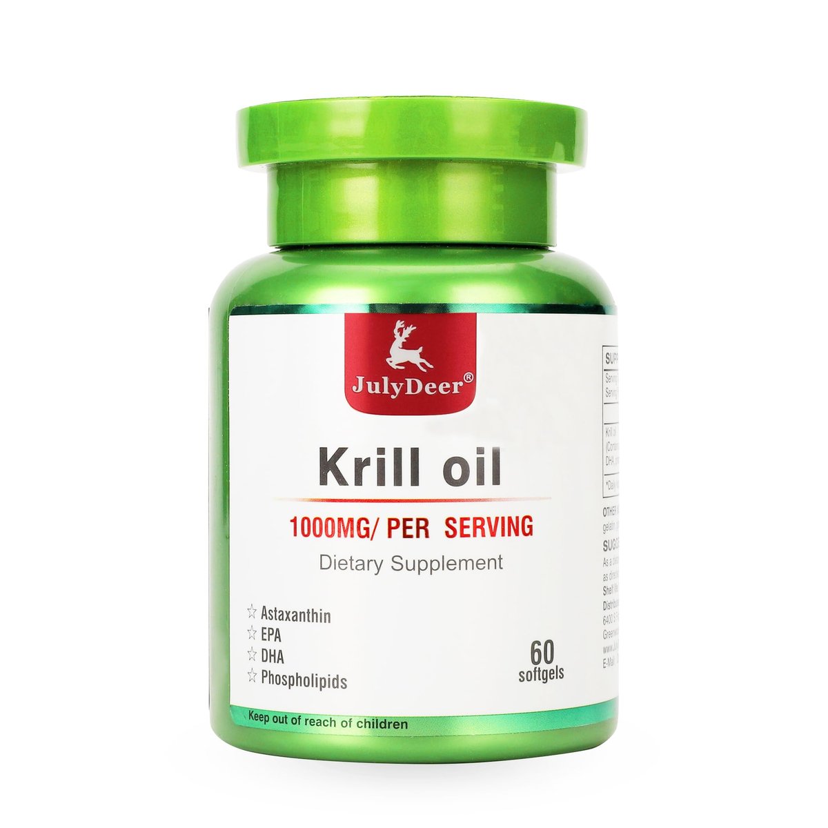 JulyDeer Antarctic Krill Oil 1000 mg with Omega-3s EPA, DHA, Astaxanthin and Phospholipids 60 Softgels Supplement No Fishy Aftertaste for Joint, Heart, Brain and Immunity - görsel 1
