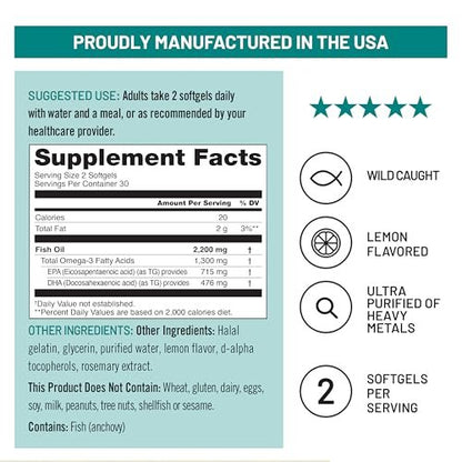 NatureWise Ultra Omega 3 Fish Oil 2200 mg – 1300 mg Omega-3 - Triglyceride Form - Lemon Flavor - Wild-Caught Fish Oil + EPA & DHA - Burpless, Non-GMO - 120 Softgels[2-Month Supply]