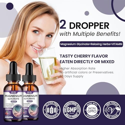 (2 Pack) Magnesium Glycinate Liquid Drops 500mg, with Vitamin B6, Ashwagandha, L-Theanine, Chamomile, Magnesium Glycinate Supplement High Absorption for Sleep, Stress, Energy Mood - Cherry Flavor - görsel 1