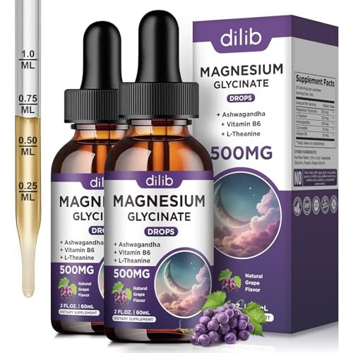 (2 Pack) Magnesium Glycinate Liquid Drops 500mg, with Vitamin B6, Ashwagandha, L-Theanine, Chamomile, Magnesium Glycinate Supplement High Absorption for Sleep, Stress, Energy Mood - Grape Flavor - görsel 2